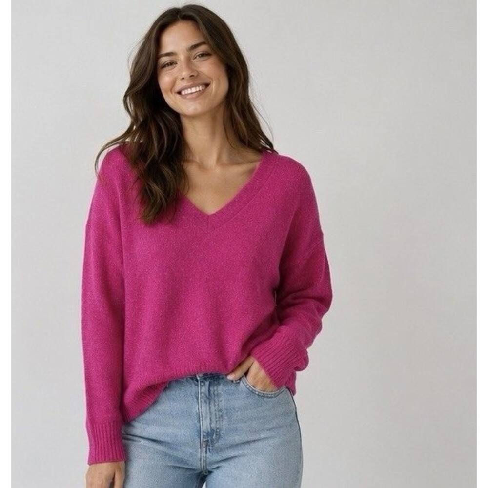 Magaschoni Pink Knit Sweater Womens Size Small S/P V Neck Long Sleeve Barbicore
